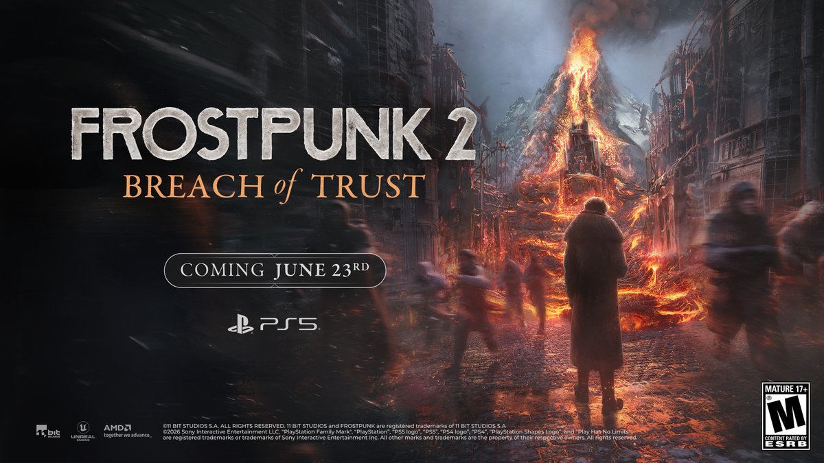 frostpunkgame's tweet image. Step into a trial by fire in the new DLC for #Frostpunk 2.

#BreachOfTrust throws New Edinburgh into chaos as a volcano erupts. Can you guide your people through the fallout?

Coming to PlayStation 5 on June 23rd 💙