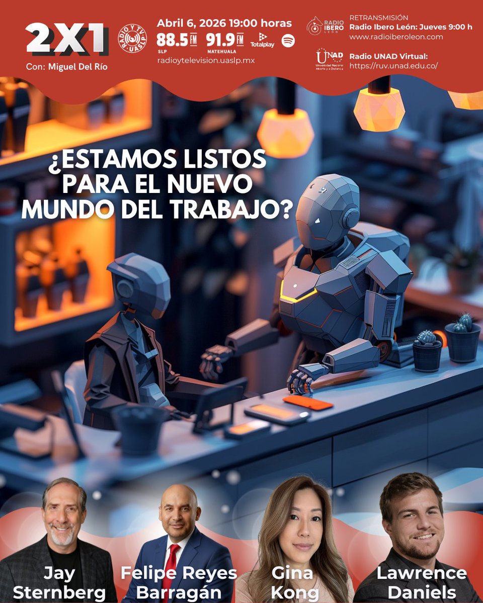 migueldelriomx's tweet image. 🚀 ¿Estamos listos para el nuevo mundo del trabajo?

🎙️En este episodio especial de #2X1 reunimos ideas clave sobre liderazgo, tecnología, innovación y el futuro del talento.
🎙️ Jay Sternberg
🎙️ Felipe Reyes Barragán
🎙️ Gina Kong
🎙️ Lawrence Daniels
#Liderazgo #IA #Innovación