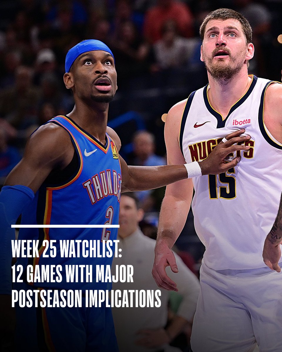 NBA's tweet photo. Week 25's Must-See Matchups 👀

@Brian_Martin: "If the postseason began today, this would be a potential second-round matchup between the No. 1 Thunder and No. 4 Nuggets. However, Denver has a chance to climb up to No. 3 and avoid the defending champs until the Western Conference Finals, as the Nuggets enter this week tied with the No. 3 Lakers with four games to play."

See the full list of games with major playoff implications during the final week of play on the NBA App!
