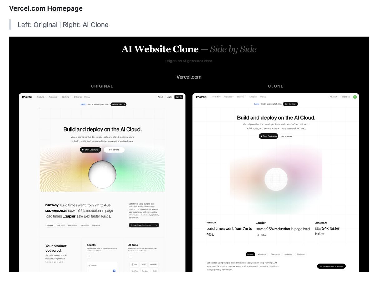 JaredOfAI's tweet photo. No code. No frontend skills. Just tell AI which website to clone.

I open sourced https://t.co/4rWKsM81ET

One-Click Clone is an open-source AI skill that lets you replicate ANY website with a single command. The AI opens a browser, inspects the page, downloads every asset, extracts exact styles, and builds a working Next.js clone — all without you writing a single line of code.

Current fidelity: ~70–80% on landing pages, including layout, colors, animations, and interactive elements.

Check it out >