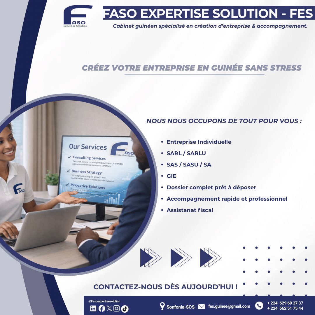 FesGuinee's tweet photo. Vous avez le projet. Nous avons l’expertise.
Créer votre entreprise en Guinée n’a jamais été aussi simple.
@FesGuinee s’occupe de tout — rapidement et sans stress. 💼
🧵 1/3 https://t.co/2skalfiTQU