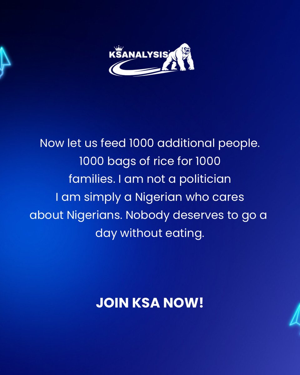 BETKS01's tweet image. After careful observation on the issue of feeding and hunger in Nigeria, I’ve decided to take it to another level by giving 1000 bags of rice to 1000 persons.
#ksaanalysis 
#helptheneedy 
#share