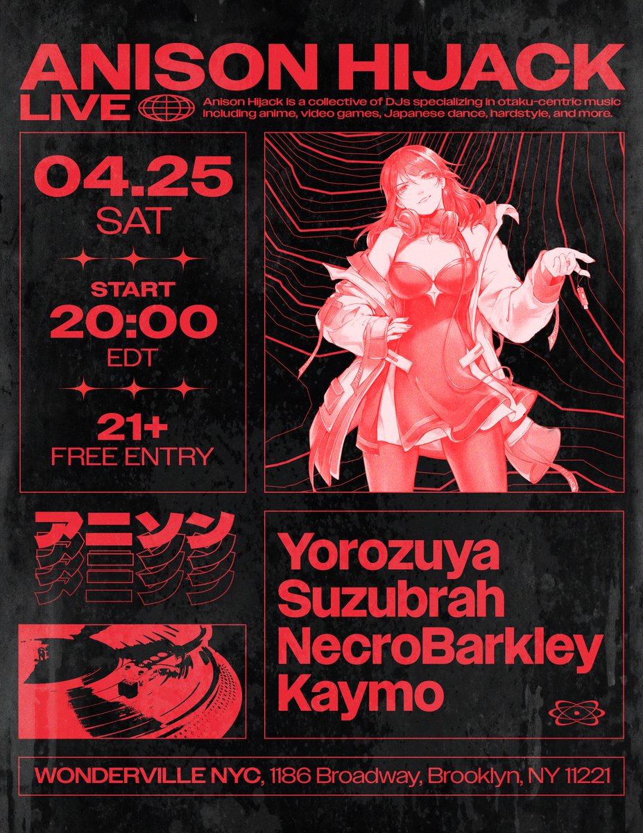 AnisonH's tweet photo. 【NEXT LIVE PARTY】

Anison Hijack is once again performing live at @wondervillenyc come and rock the night away to all your favorite weebtunes!

Date: 4/25/26 
Start Time: 8pm EDT 
Location: 1186 Broadway, Brooklyn, NY 11221 
Free Entry | Must be 21+ to Enter

RSVP:
https://t.co/5QNkhLvUOf
Wonderville event page:
https://t.co/eBQ5sdelkW