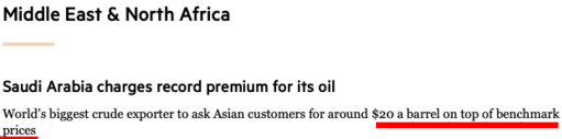 FGMR's tweet photo. A $20 premium puts #Saudi #oil above $130/barrel. More evidence of 2 oil markets - one for actual barrels of oil for refining into usable product. The other for paper barrels for trading &amp; gov't propaganda, based on promises for future delivery. Same is true for #gold #silver. https://t.co/2vNFGWP0bI