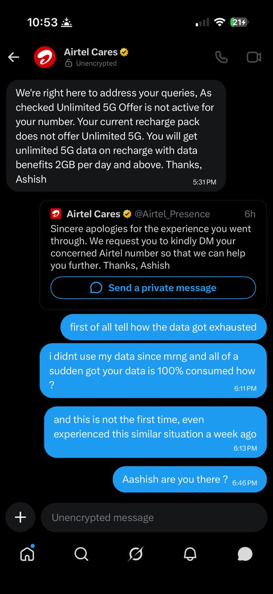 sureshraj1322's tweet photo. This is how @airtelindia reply to their customers.. 
No response since 6hrs.. worst customer service.. 
time to port to @reliancejio  🙏🏻 https://t.co/slUPFJrGdF