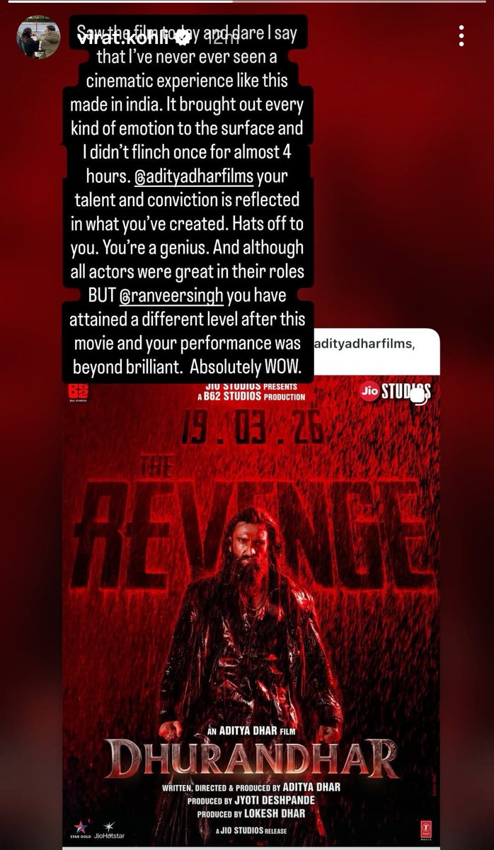 Virat Kohli's latest Instagram story.
Whole Bollywood stayed quiet… not a word, not a stance.
But Kohli? He didn’t hesitate. Stood by Dhurandhar openly.
That’s the difference — fame vs spine. 🔥

#viratkohli #Dhurandhar2‌TheRevenge