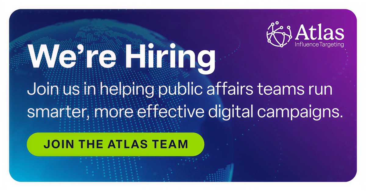 AtlasTargeting's tweet photo. New graduates — interested in launching your career at the intersection of data, tech, and public affairs? 

Atlas Influence Targeting is hiring Research Analysts to support Atlas, our audience targeting and data platform, driving real campaign outcomes.

✔️ Collect, manage, and deploy high-quality data
✔️ Support product development through testing and QA
✔️ Conduct research, monitoring, and reporting for campaigns

This is a great opportunity for early-career professionals or recent grads looking to gain hands-on experience in a fast-paced, high-impact environment.

This hybrid role is based in our Sacramento office.

Learn more + apply: https://t.co/HbW6E7U1m9
