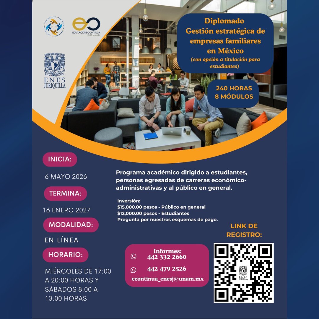 EnesJuriquilla's tweet image. 🚀 ¡Diplomado UNAM en línea! Gestión Estratégica de Empresas Familiares.

🎓 Opción a titulación. 🗓️ Inicia: 6 de mayo. 💻 Miércoles y Sábados. 👥 Estudiantes y público general.
Inversión desde $12,000. 📲 Informes: 442 332 2660 o escanea el QR.
#UNAM #ENESJuriquilla #Diplomado