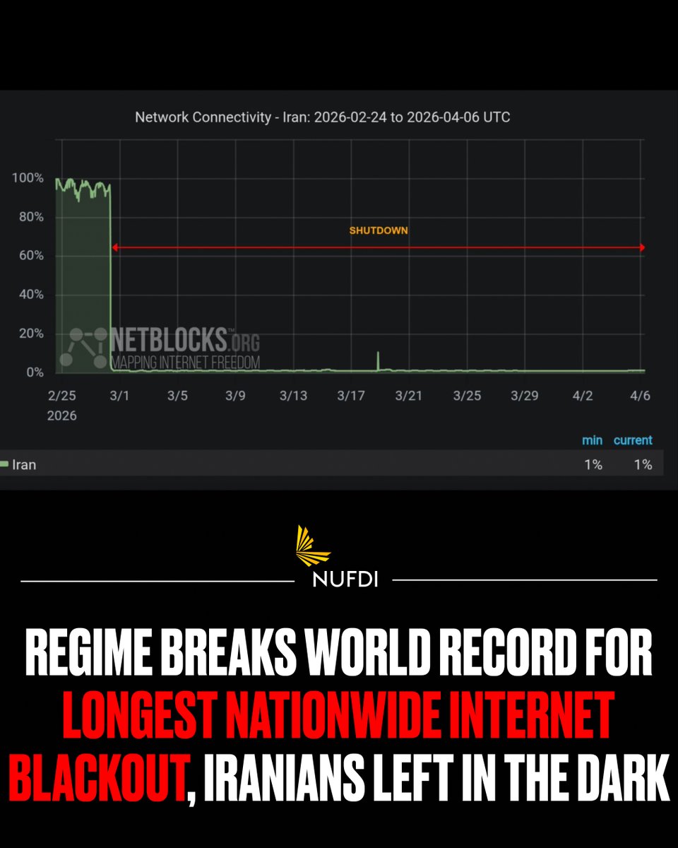 NUFDIran's tweet photo. Iran is in its 38th day under a nationwide internet blackout, imposed by the regime to control flow of information and to keep Iranians in the dark.

This has officially broken the record for longest nation-scale internet blackout.

The Iranian people need us to be their voice. https://t.co/J8hjCE0lBK