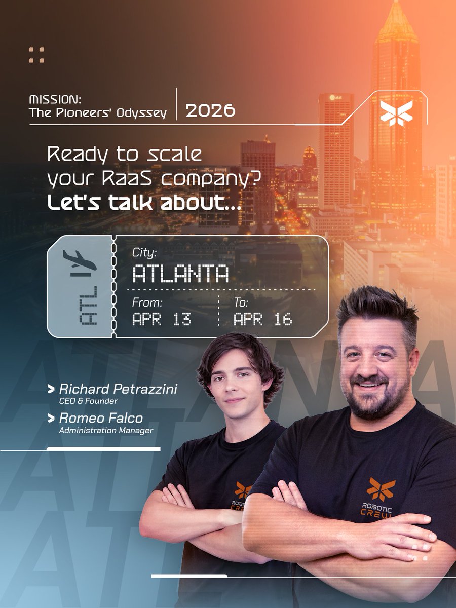 RoboticCrew's tweet photo. 🛬 Next stop on “The Pioneers’ Odyssey 2026”: ATLANTA
Richard and Romeo will be in Atlanta, Georgia, from April 13–16, where they will hold meaningful meetings to continue exploring uncharted territory alongside pioneers in the robotics and automation sector. 🦾 
Book a meeting! https://t.co/feDmMgNH2p