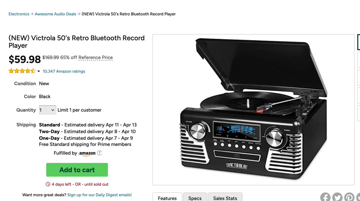 CentralMarkdown's tweet photo. 65% OFF - 5 days left

$170 Victrola 50's Retro Bluetooth Record Player FOR $60 

👉🏼 https://t.co/mYokc2MCpR
#ad #Deals https://t.co/5KflS8xur3