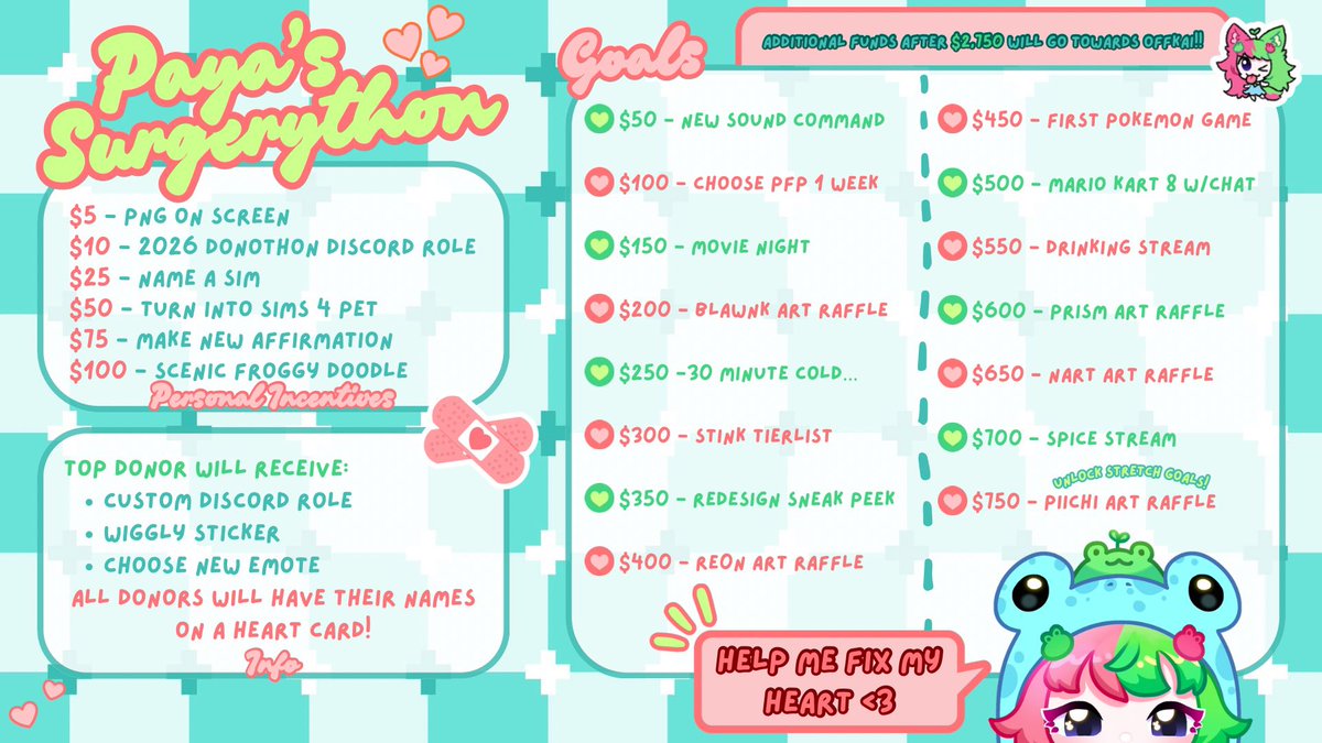 PayaVT's tweet photo. 🚨 SURGERYTHON ALERT 🚨 

👉 I’ll be having heart surgery at the end of the month! To help pay for it I’ll be doing a donothon from: April 12-18th!!

It’ll be a whole week full of fun games and possibly some yummy incentives
🩷More info soon, SEE YALL THERE!!💚
#vtuber #donothon https://t.co/QqGLQzU0kU