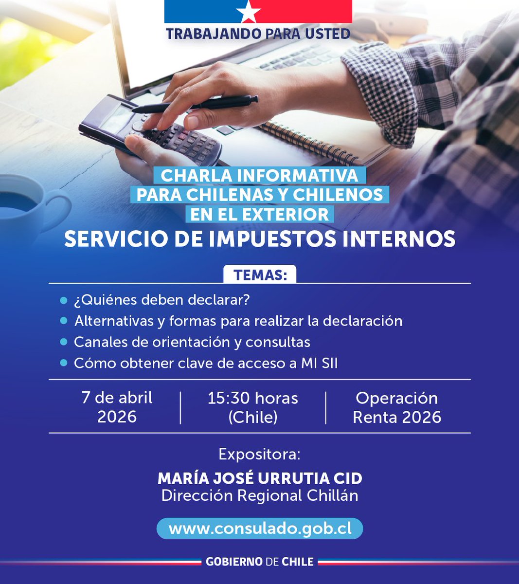 CG_Chile_Bogota's tweet photo. Invitamos a chilenas y chilenos en el exterior a participar en una charla del Servicio de Impuestos Internos sobre #OperaciónRenta2026.

Infórmate sobre cómo declarar, quiénes deben hacerlo y cómo obtener tu clave de acceso a MI SII 💻

Inscríbete 👉 https://t.co/Iq49A4FSHi https://t.co/Z6ulf2qruK