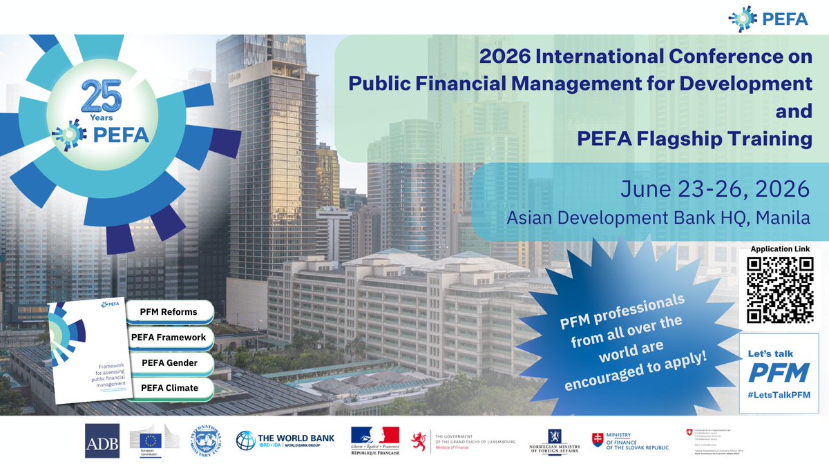 PEFASecretariat's tweet photo. 🎉Great news for the Global PFM Community! 
🏆 PEFA Secretariat, in partnership with the Asian Development Bank (ADB), is proud to announce the PEFA Flagship Training and 2026 International Conference on PFM for Development — celebrating 25 years of the PEFA Initiative!
...(1/4) https://t.co/vp07L1FhGy