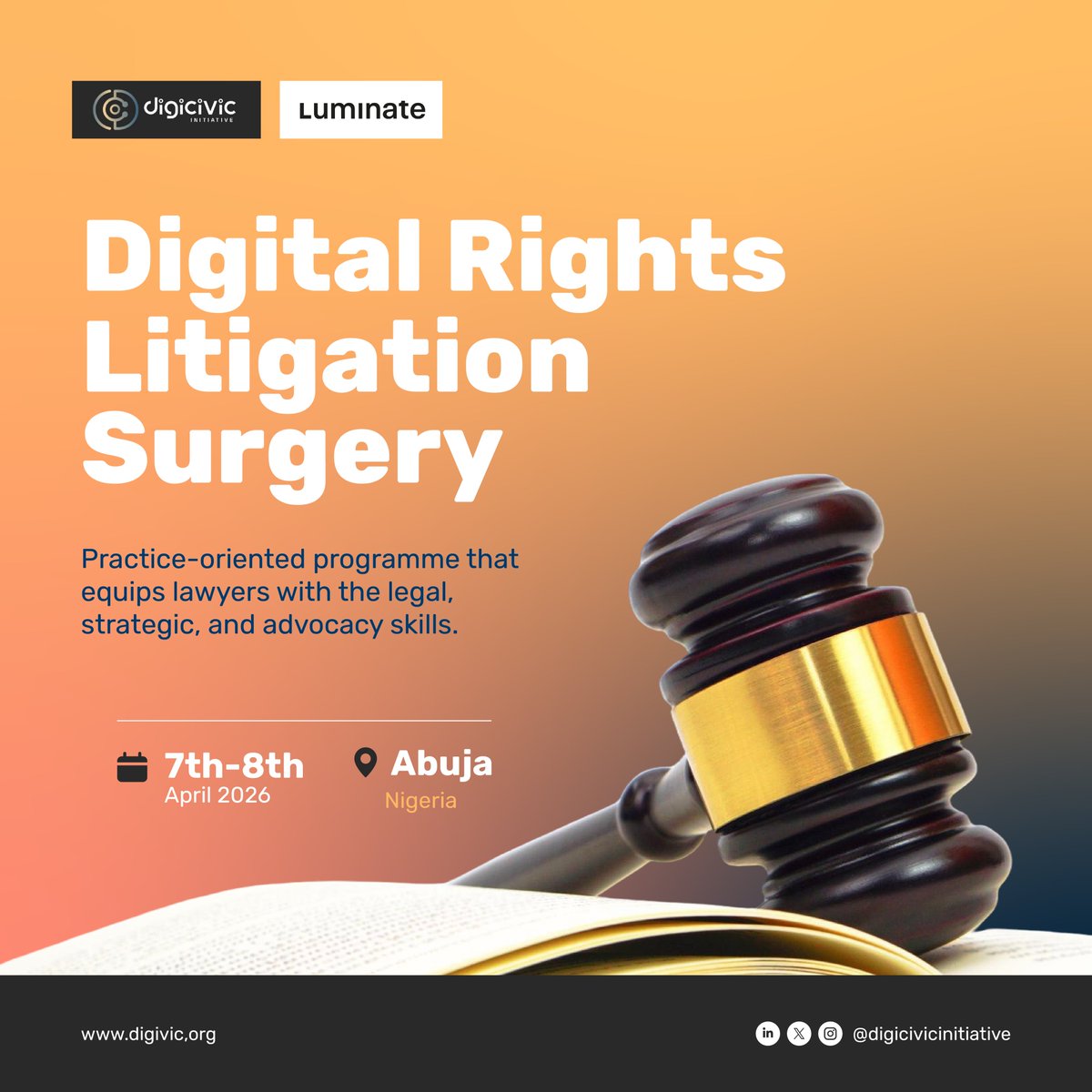 digicivic's tweet photo. Over the next two days, We at Digicivic Initiatives hosts the Digital Rights Litigation Surgery in Abuja Nigeria. This is a two-day practice-oriented programme that equips lawyers with the legal, strategic, and advocacy skills. https://t.co/XToJG4X62o