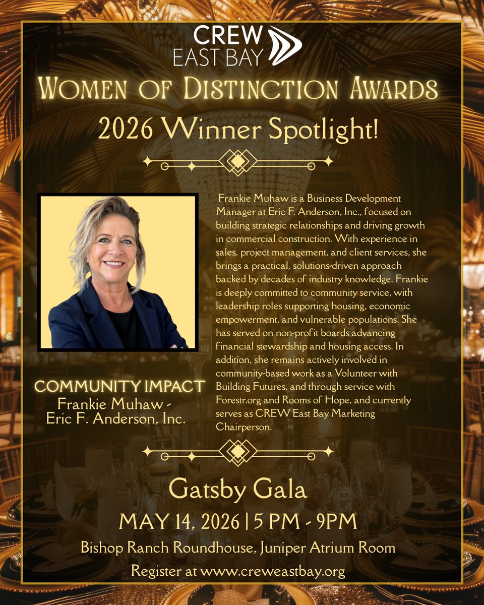 CREWEastBay's tweet photo. We’re proud to honor Frankie Muhaw, 2026 Women of Distinction Community Impact Winner 🌟🎊

A Business Development Manager at Eric F. Anderson, Inc., she builds partnerships and supports commercial construction growth, with a passion for housing access and community development. https://t.co/BNcVrIpDzL