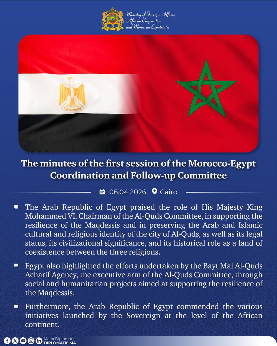 The minutes of the first session of the Morocco-Egypt Coordination and Follow-up Committee 🇲🇦📷: Egypt commends the role of His Majesty the King, may God assist Him, Chairman of the Al-Quds Committee, in supporting the Palestinian cause, as well as the Royal initiatives in Africa