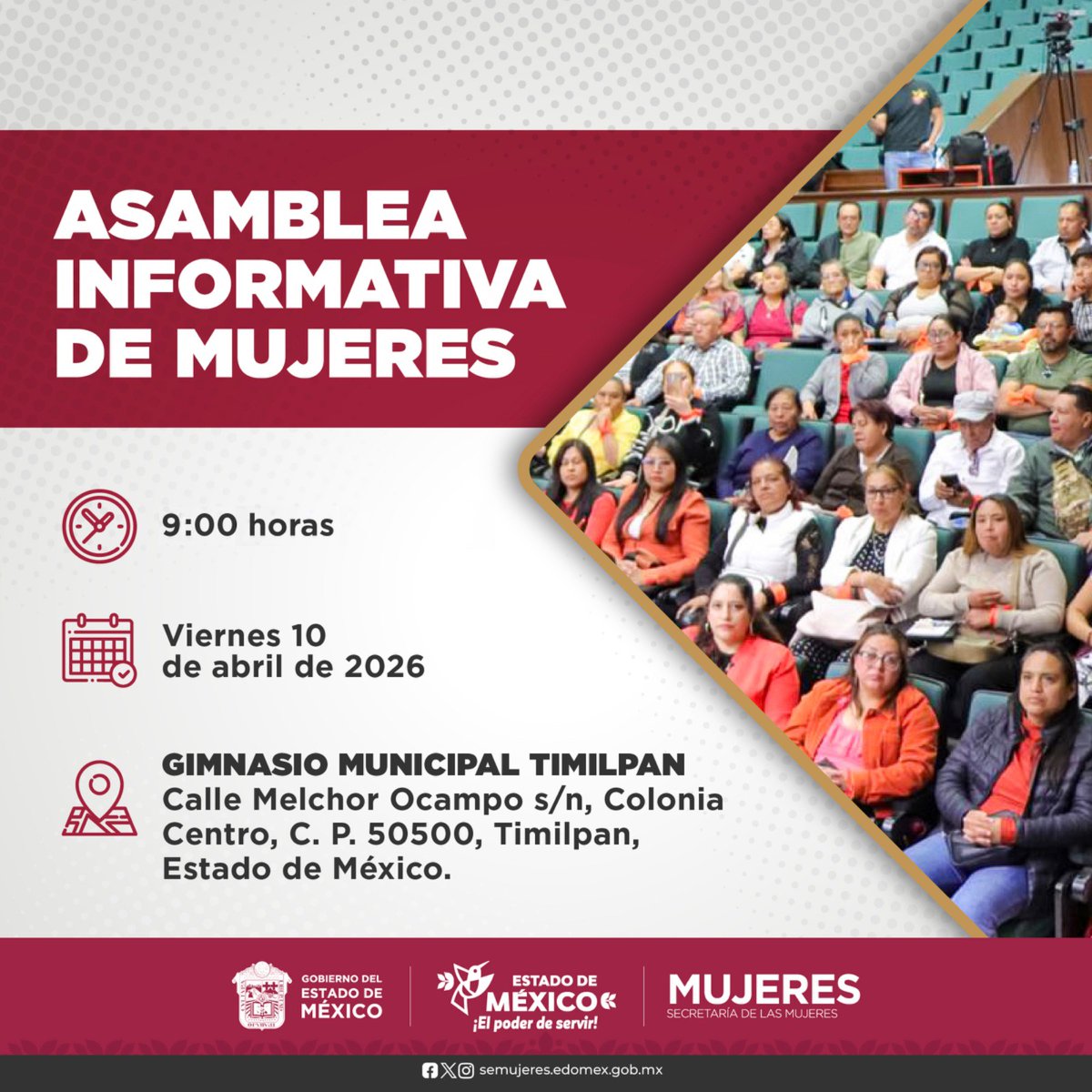SeMujeresEdomex's tweet photo. Te invitamos a la #AsambleaInformativaDeMujeres, un espacio para conocer servicios, programas y acciones que fortalecen tus derechos, bienestar y autonomía.
🗓10 de abril
⏰9:00 horas
📍#Timilpan
¡Participa y sé parte de la transformación!
#ElPoderDeServir @esthercoacalco https://t.co/NDfZi857kk