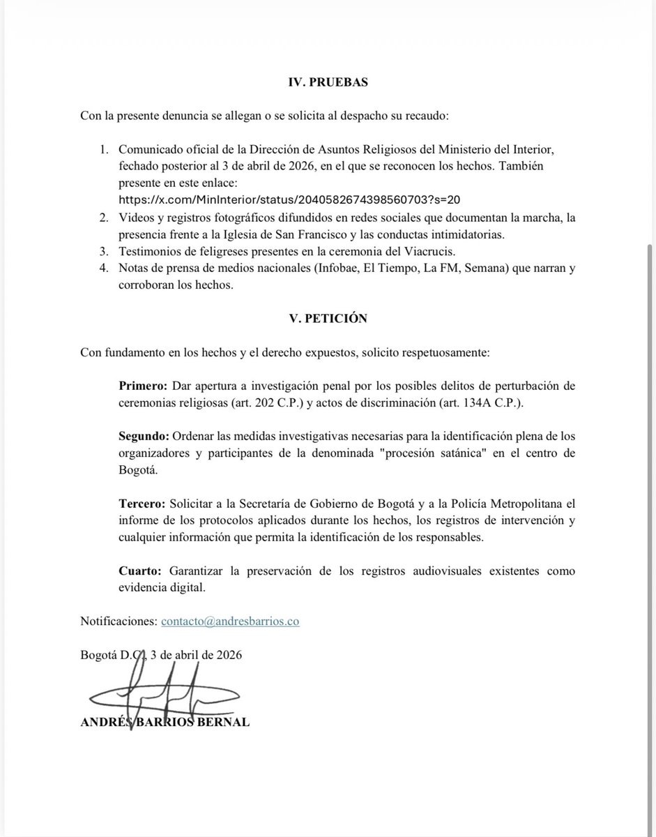 ABarriosBernal's tweet photo. Hoy radiqué ante la @FiscaliaCol la denuncia penal por perturbación de ceremonias religiosas y actos de discriminación; luego de los terribles hechos ocurridos el Jueves Santo por un grupo qué atacó con ofensas e intimidación a Creyentes en el centro de Bogotá. 

Los responsables deben responder ante la justicia. ¡En Colombia la fe y la libertad religiosa y de cultos deben garantizarse y respetarse!