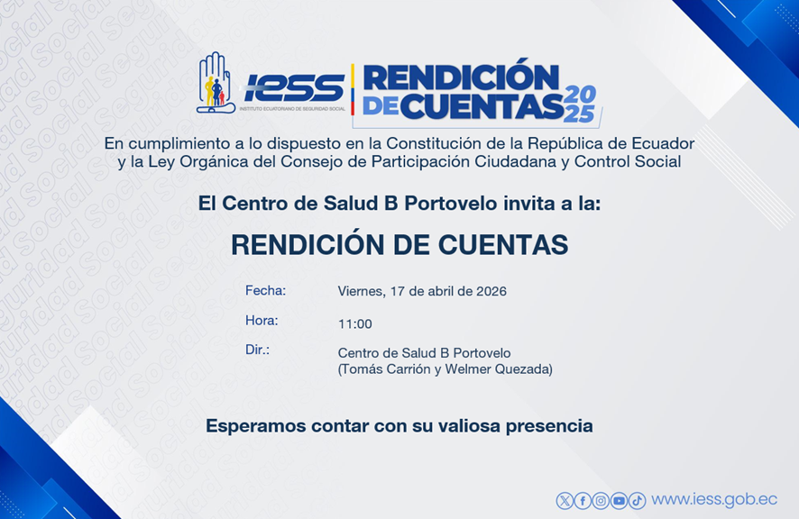 IESSElOro's tweet photo. 📢El Centro de Salud B Portovelo invita a los asegurados y ciudadanía a la presentación de la #RendiciónDeCuentasIESS2025 🏥

Fecha: Viernes, 17 de abril de 2026
Hora: 11:00
Dirección: Centro de Salud B Portovelo (Tomás Carrión y Welmer Quezada) https://t.co/3G0I8RvDI1