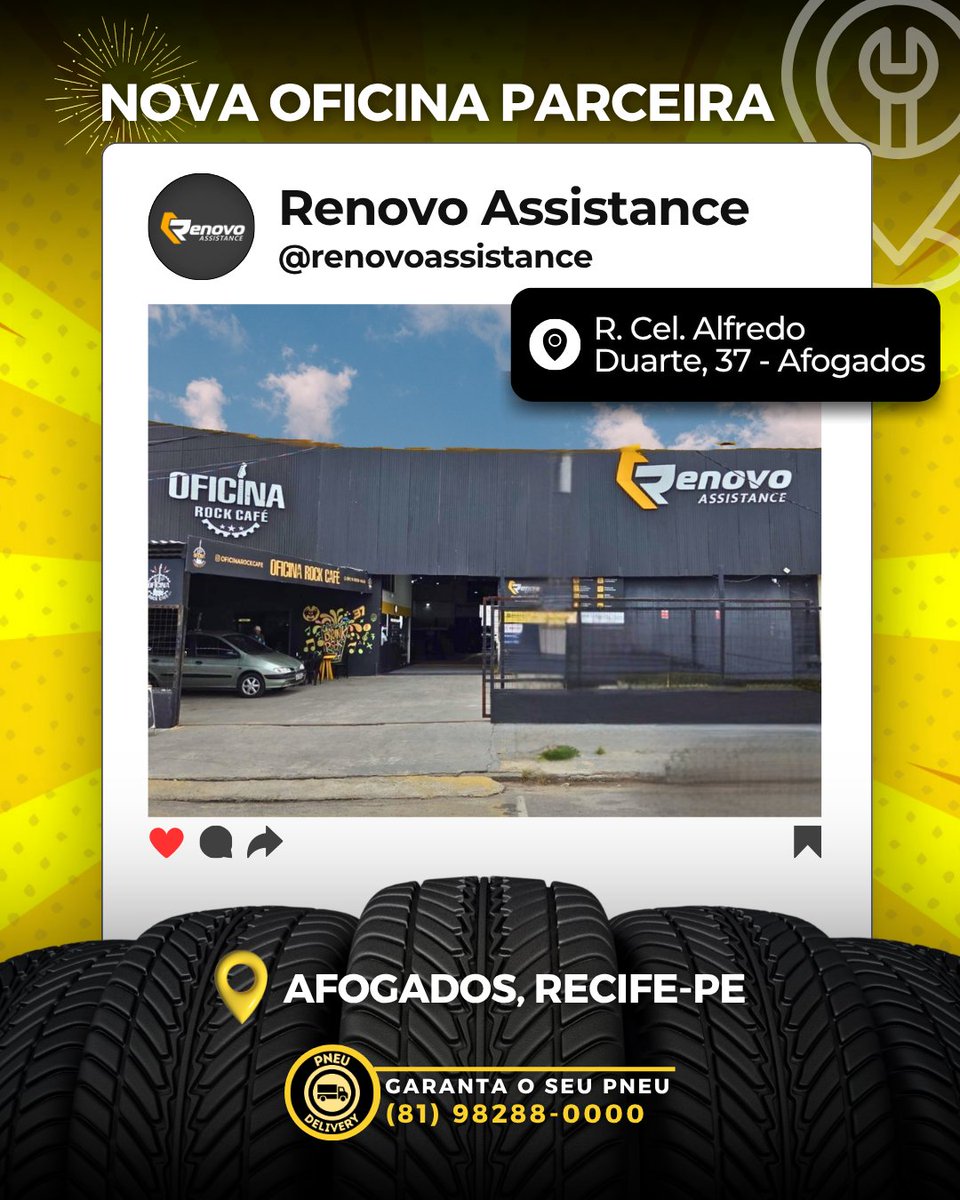 PneuDelivery's tweet photo. Afogados agora conta com mais um ponto parceiro da Pneu Delivery! 🚗

A @renovoassistance chega pra fortalecer nossa rede e garantir ainda mais agilidade na entrega dos seus pneus, além de ofertar serviços de qualidade.

👉 WhatsApp: https://t.co/vGYFpLQyi3 https://t.co/ZpqRoHeKwu