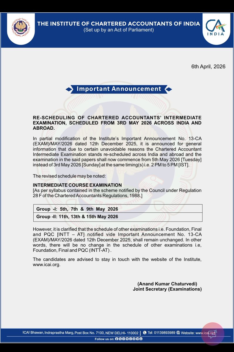 atulmodani's tweet image. CA Intermediate Exam May 2026 rescheduled 

Now the CA Intermediate will start from 5th May 2026 instead of 3rd May 2026.

Timing remains same.

#ICAI #Castudents
