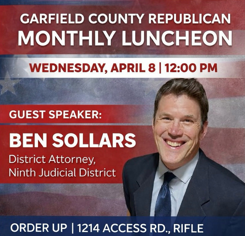 GarfieldCoGOP's tweet photo. Join us this Wednesday for our monthly Garfield County Republican luncheon at Order Up in Rifle.

We’re pleased to welcome Ben Sollars, District Attorney for the Ninth Judicial District, as our guest speaker. Ben will provide updates and insights on issues impacting our communities here in Garfield County and across the district.

📅 Wednesday, April 8
🕛 12:00 PM (Noon)
📍 Order Up – 1214 Access Rd., Rifle

Come grab lunch, connect with fellow Republicans, and stay informed on what’s happening locally.