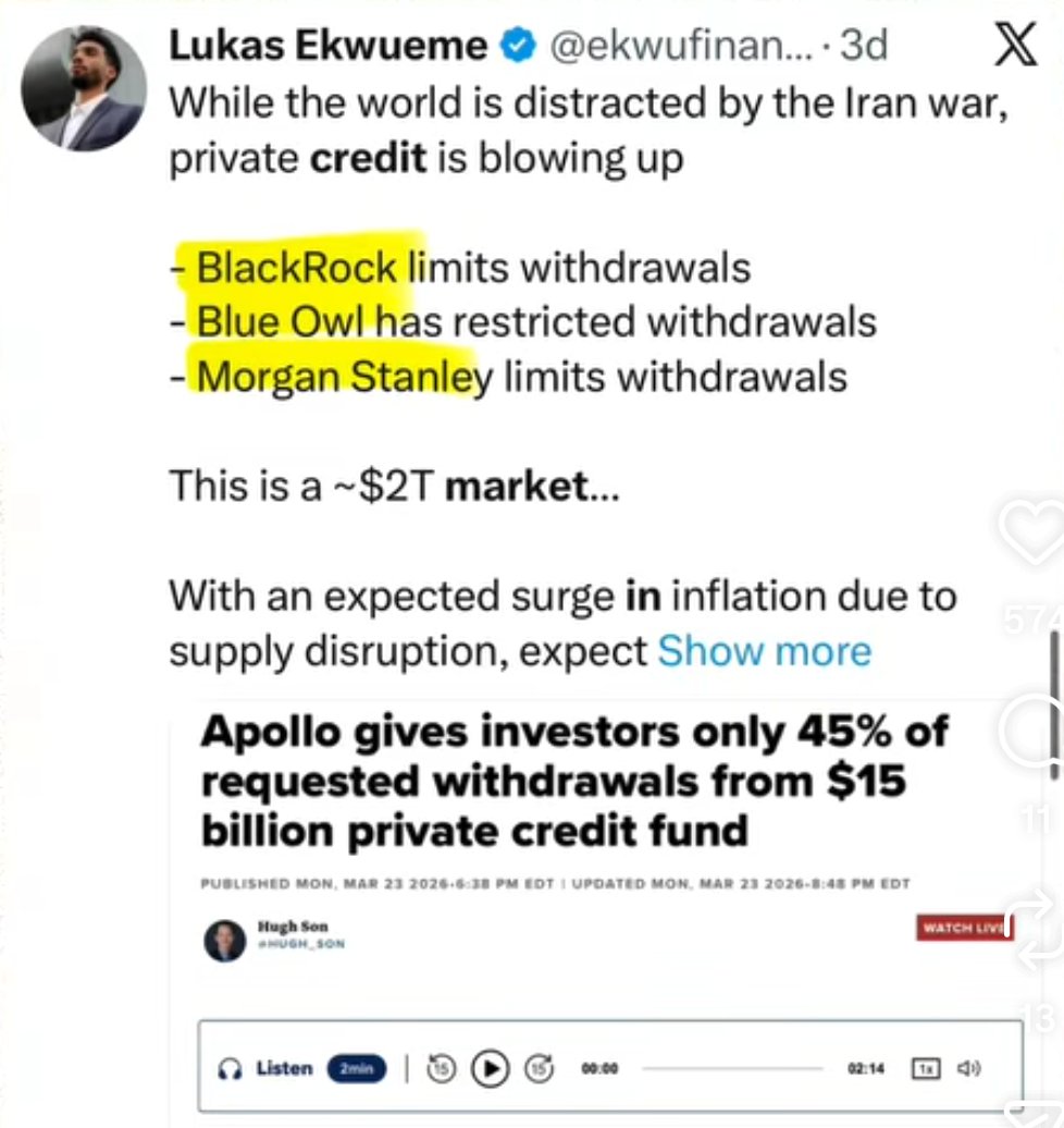 Shubbhydoo's tweet photo. Now we turn to our third and final crisis: the stock market crisis. Its main cause, so far, appears to be private credit.For this reason, -
-BlackRock has set its withdrawal limits. 
Morgan Stanley sets withdrawal limits.
And this credit market is worth two trillion dollars. https://t.co/MKFolTqrKA