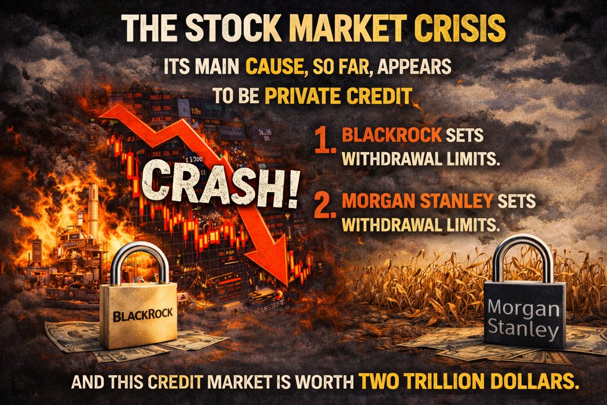 Shubbhydoo's tweet photo. Now we turn to our third and final crisis: the stock market crisis. Its main cause, so far, appears to be private credit.For this reason, -
-BlackRock has set its withdrawal limits. 
Morgan Stanley sets withdrawal limits.
And this credit market is worth two trillion dollars. https://t.co/MKFolTqrKA