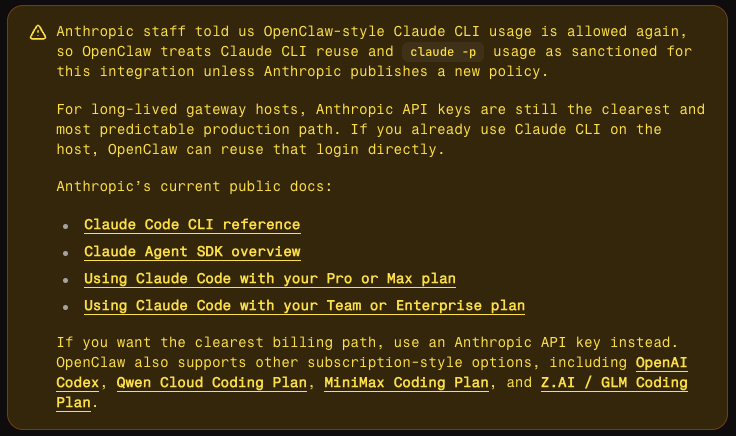 brandonbango's tweet photo. Did Anthropic unblock first party harness?! Yesterday, this was failing and it appears the OpenClaw docs have been updated. 

claude -p --append-system-prompt 'A personal assistant running inside OpenClaw.' 'is clawd here?'

Yes, Claude is here. What can I help you with?