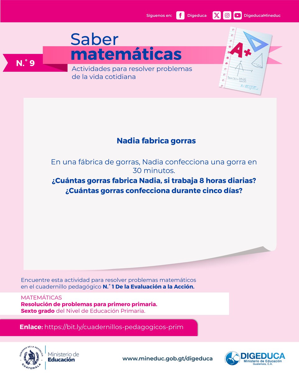 DigeducaMineduc's tweet photo. SABER MATEMÁTICAS.  #DocenteGT le compartimos actividades para resolver problemas de la vida cotidiana de los Cuadernillos Pedagógicos «De la evaluación a la Acción» que puede trabajar con sus estudiantes en el aula. Descárgue el material aquí:  https://t.co/edsiQLP5XX https://t.co/G6cKwgnYql
