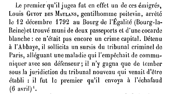 1792_1815's tweet photo. 6 avril 1793 Premier jugement rendu par le Tribunal révolutionnaire. Il concerne Louis #Guyot-#Desmaulans, gentilhomme poitevin, accusé d’émigration. #Montané est le président, #FouquierTinville l’accusateur public. Guyot est condamné à mort et exécuté le soir même. https://t.co/Kmyhf4djfo