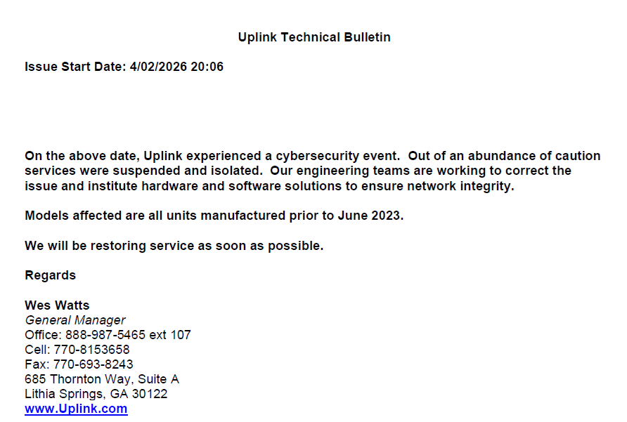 GuardTronicInc's tweet photo. A 2nd alarm service clearinghouse has experienced a failure in its ability to process signals.

Up-Link sent a technical bulletin on 4/6/26 stating that their problem started on 4/2. It's affecting the ability to process signals and the alarm company’s access to its web portal. https://t.co/AHZWwM9nWO