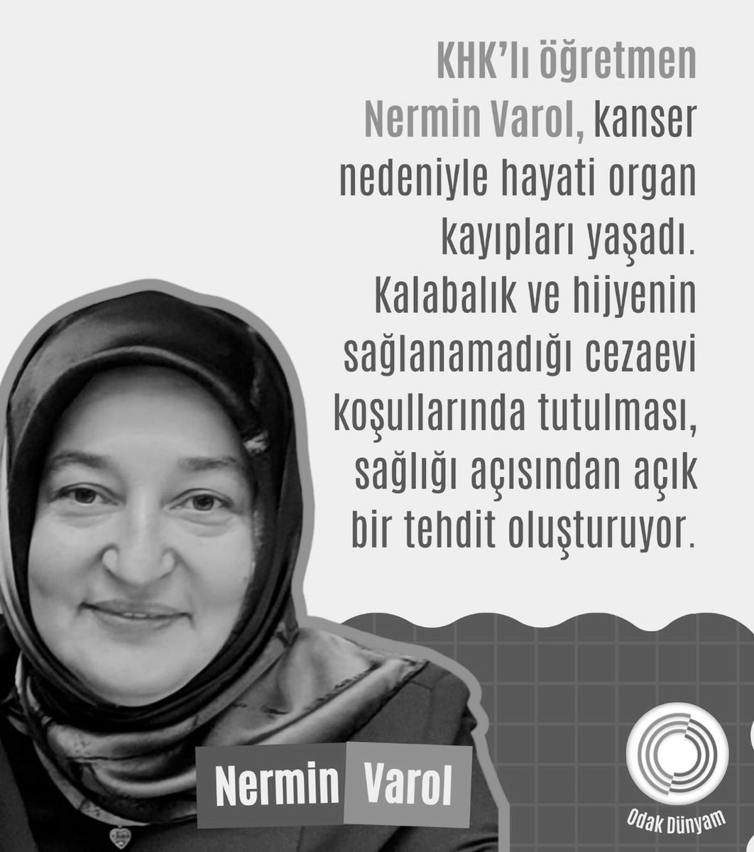 sedatceylann's tweet photo. ⚖️ KHK’lı din dersi öğretmeni,kanser hastası Nermin Varol“dini sohbet”gerekçesiyle 6yıl hapis cezası aldı.5Mart2025’te tutuklandı‼️

⚖️ Göğüs kanseri nedeniyle birden fazla organı alınan Varol’un İVEDİLİKLE tahliye edilmesi gerekiyor‼️

#KHKlıÇözümBekliyor https://t.co/FOVzuTIZRV
