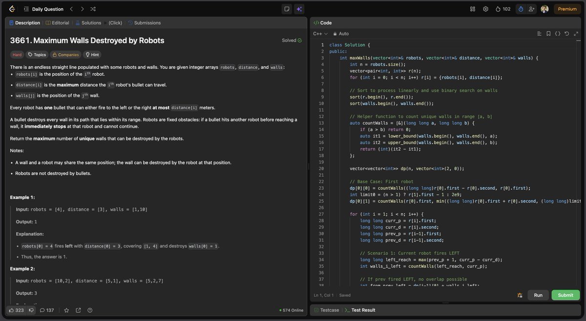 PremKolte26's tweet photo. 🚀 Day 760/1001 Days Of Code 💻

LeetCode POTD 🧩
3661. Maximum Walls Destroyed by Robots

Greedy + simulation approach 🤖
Focused on optimal placements to maximize destruction ⚡

#1001DaysOfCode 💯 
#Day760 #LeetCode #DSA https://t.co/SbSfGf0kZf
