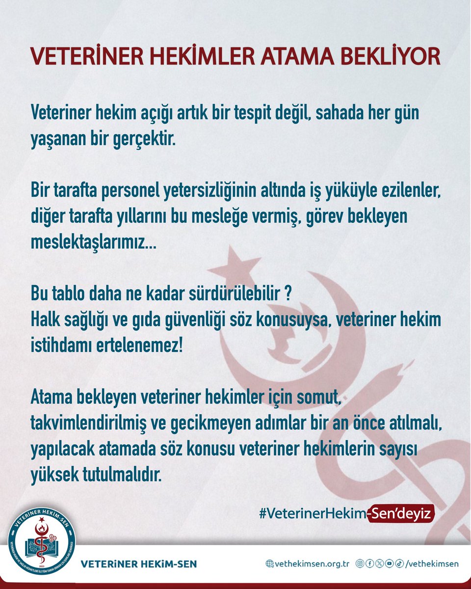 Veteriner hekim açığı artık bir tespit değil, sahada her gün yaşanan bir gerçektir.

Bir tarafta personel yetersizliğinin altında iş yüküyle ezilenler,
diğer tarafta yıllarını bu mesleğe vermiş, görev bekleyen meslektaşlarımız…

Bu tablo daha ne kadar sürdürülebilir ?

Halk