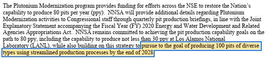 NonproJoe's tweet photo. 4/ On the facilities side, the “production modernization” funding is increasing by 87%. This is due to plutonium pit production. NNSA is aiming to hit an ambitious new target: producing 100 pits per year by 2028 to refresh the aging core of the stockpile. https://t.co/9qoDNRYPVN