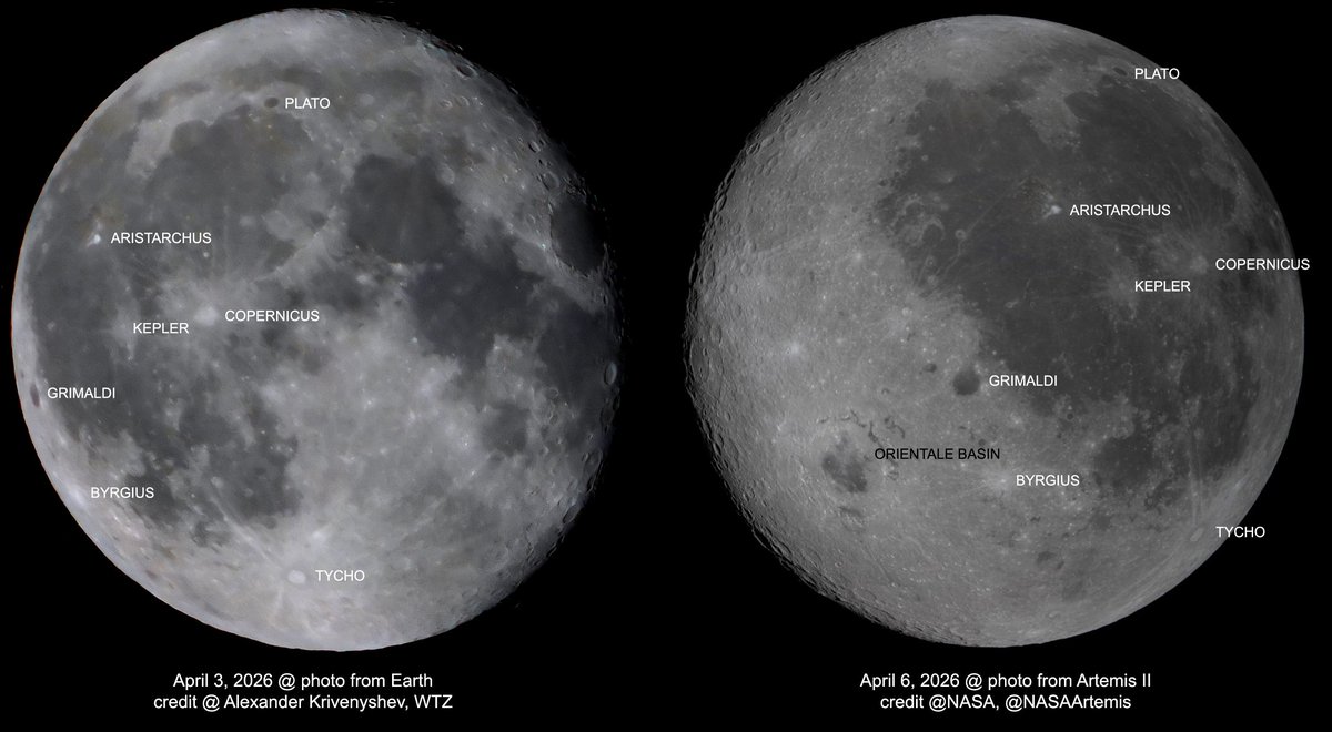 wtz's tweet photo. Comparison #Moon photos: At right, a recent photo of the Moon taken on April 6, 2026 by the Artemis II crew (credit @NASA @NASAArtemis), at the left, photo taken on April 3, 2026
from Earth (Alexander Krivenyshev)
#moontoday
#OrientaleBasin
#nasaartemis
#nasa https://t.co/IxDSgo4fQ2