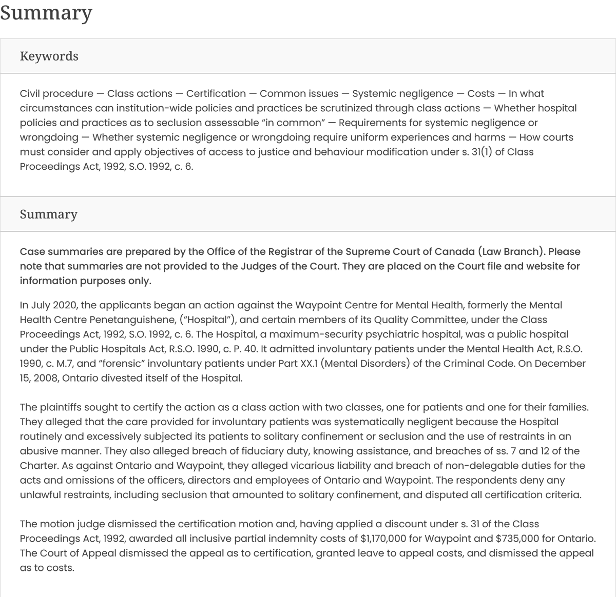 LawScribes's tweet image. 5 Supreme Court Canada leave to appeal decisions Thur. Including 2 #familylaw #divorce cases, one about home farm and other about unjust enrichment in joint family venture. Employment termination. Class action against psychiatric hospital prison. Securities judicial review. #scc