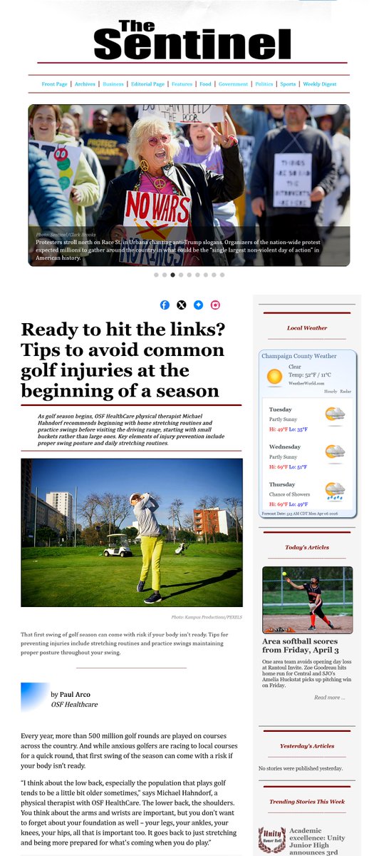 Sentinel_News's tweet photo. That first swing of golf season can come with risk if your body isn't ready. Tips for preventing injuries include stretching routines, practice swings, and maintaining a proper posture throughout your swing.

https://t.co/6CQcRuJk9P https://t.co/GeWilUOZYF