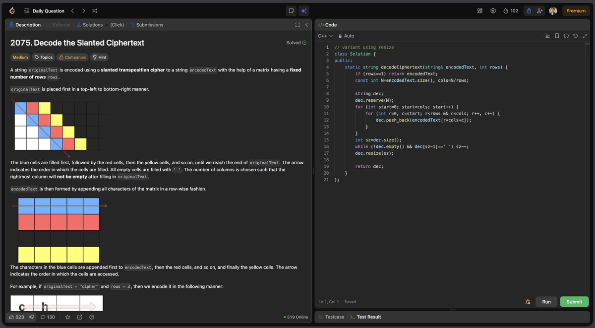PremKolte26's tweet photo. 🚀 Day 761/1001 Days Of Code 💻

LeetCode POTD 🧩
2075. Decode the Slanted Ciphertext

Matrix traversal with diagonal decoding 🔍
Focused on pattern extraction &amp; string reconstruction ⚡

#1001DaysOfCode 💯 
#Day761 #LeetCode #DSA https://t.co/r4uAr2XQje