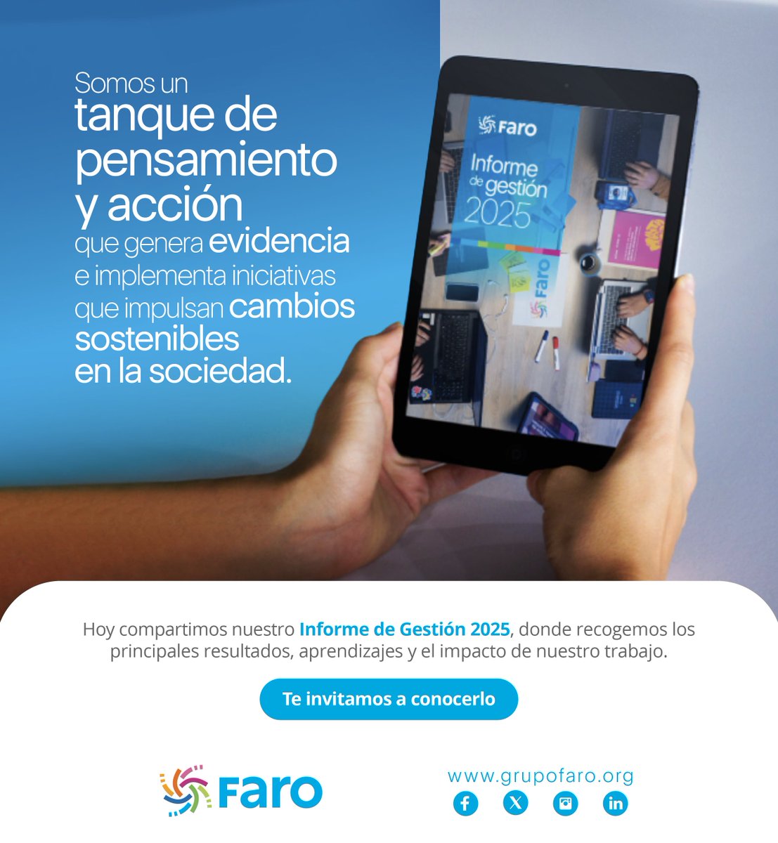 FARO_org's tweet photo. Hoy compartimos nuestro Informe de Gestión 2025 , con los principales logros, aprendizajes y resultados del trabajo colectivo basado en evidencia que aporta investigación e iniciativas para transformar sociedades. 🌍

📥 Descarga el informe de gestión en: https://t.co/yX6cg45jPw https://t.co/6CeylUkSwY