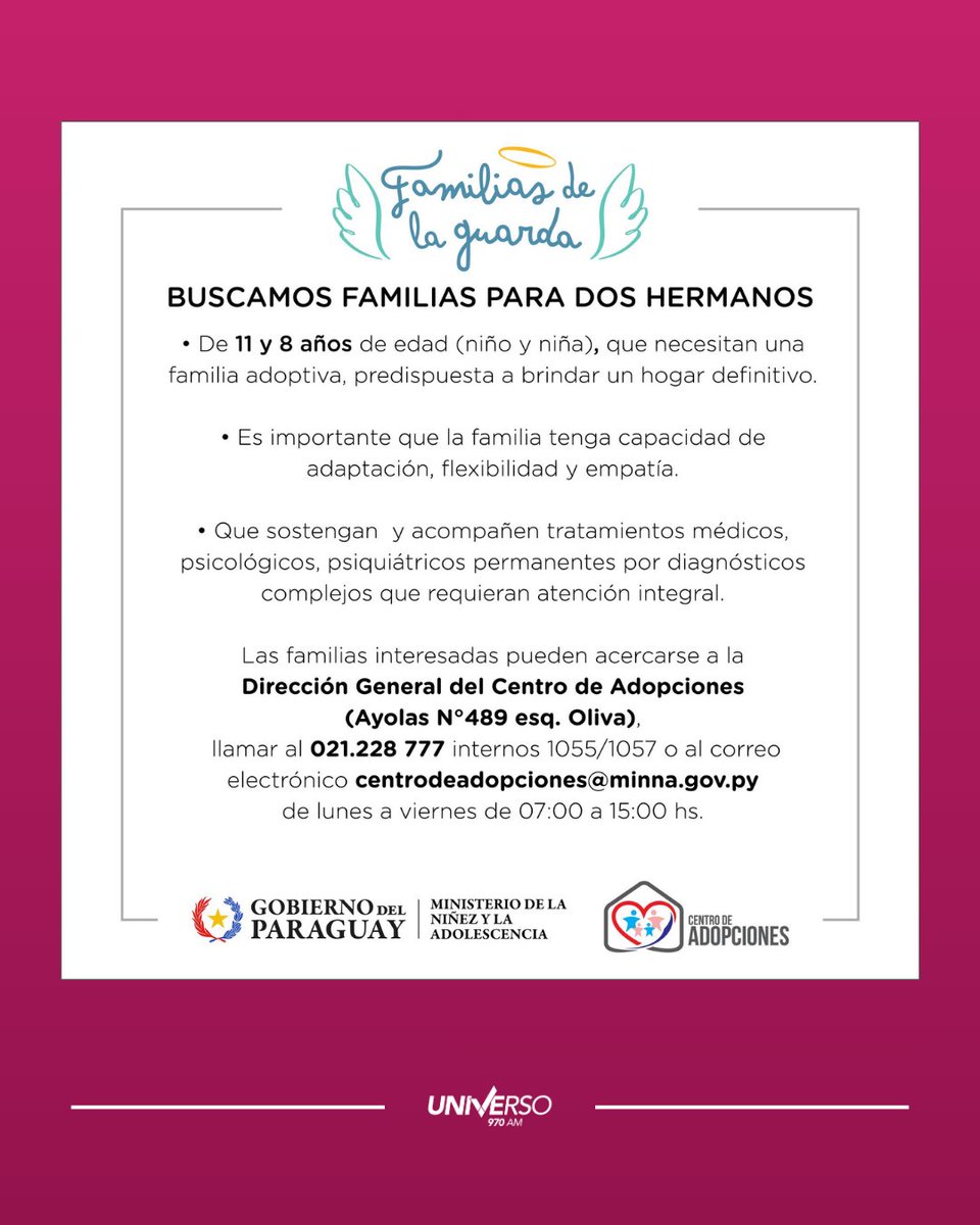 #Nacionales |🧑‍🧑‍🧒‍🧒 Se busca familia adoptiva para dos niños

♦️ Se buscan familias adoptivas para dos hermanos de 11 y 8 años (niño y niña) que necesitan un hogar definitivo. Es importante que quienes se postulen estén dispuestos a brindar contención, compromiso y