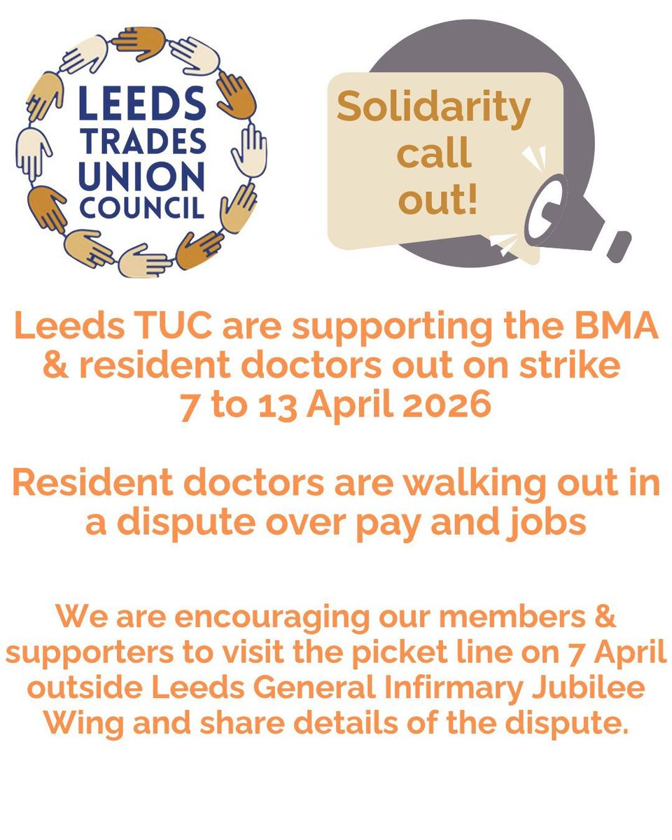 unitecomleeds's tweet image. Support @BMAResidents pickets in your area!

🗓️ 07.04.2026
⏰ 8-10am
📌 by Jubilee Wing, #Leeds General Infirmary, Leeds City-Centre, LS1 3EX

🔗 1) Other pickets bit.ly/BMAPicketsApri…
2) More Picket info bma.org.uk/our-campaigns/…

#StrikeMap #NHSstrike #ResidentDoctors #BMA #LGI