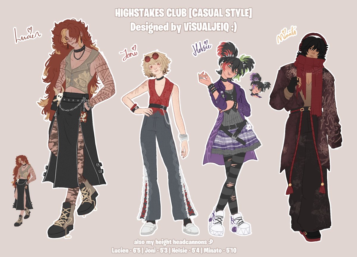 here are my highstakes club casual designs all done !! 
i hope u like them :D <3 
speedpaint + voiceover explaining my thoughts will be attached below !
#highstakesclub #lucienwest #jonithered #helsie #minatohakaru #fortniteart
