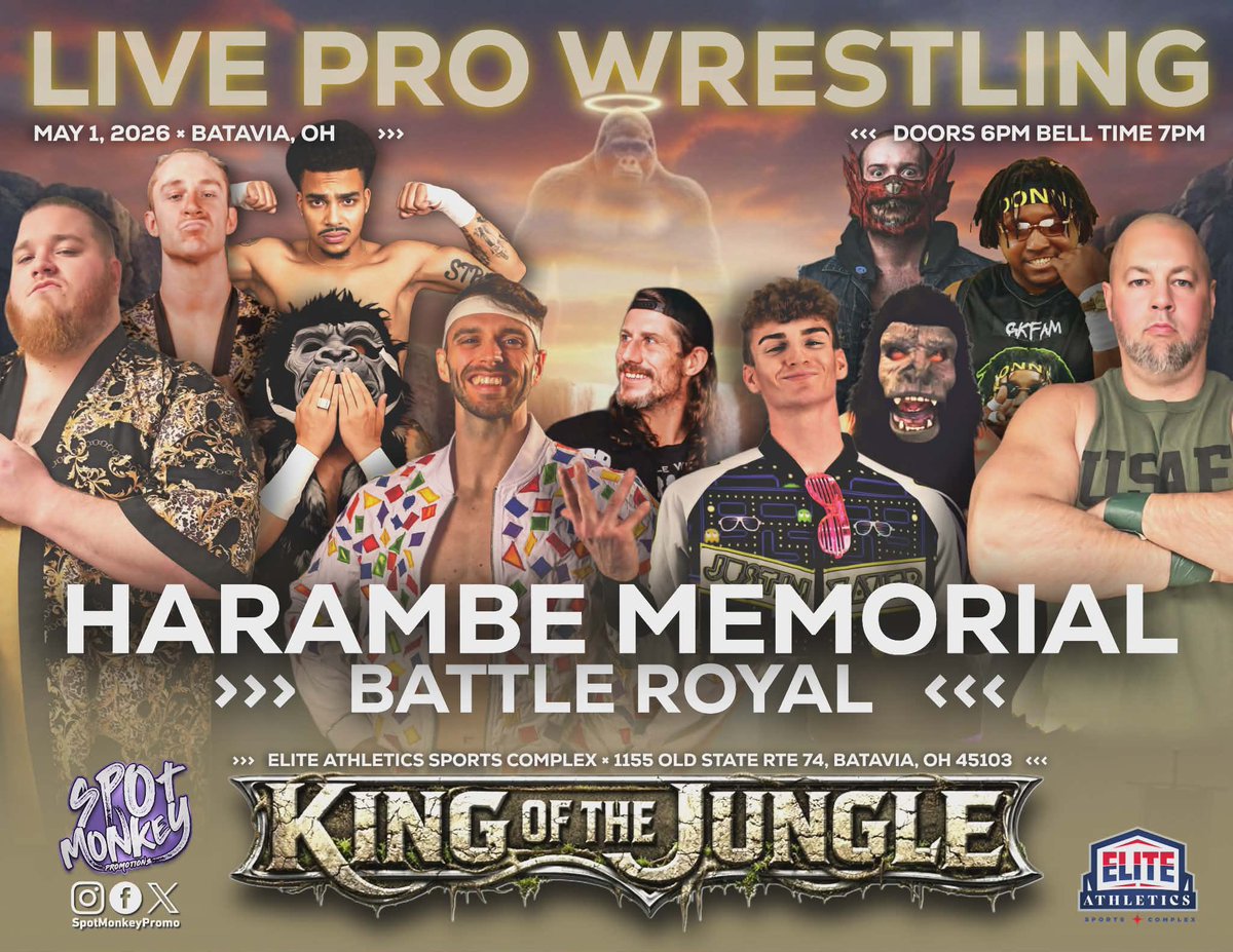 SpotMonkeyPromo's tweet photo. The Harambe Memorial Battle Royal goes down Friday 5/1 in Batavia, Ohio!   That day, we honor the most famous primate since King Kong!  #dofh #harambe https://t.co/iPLJ1EPMo1