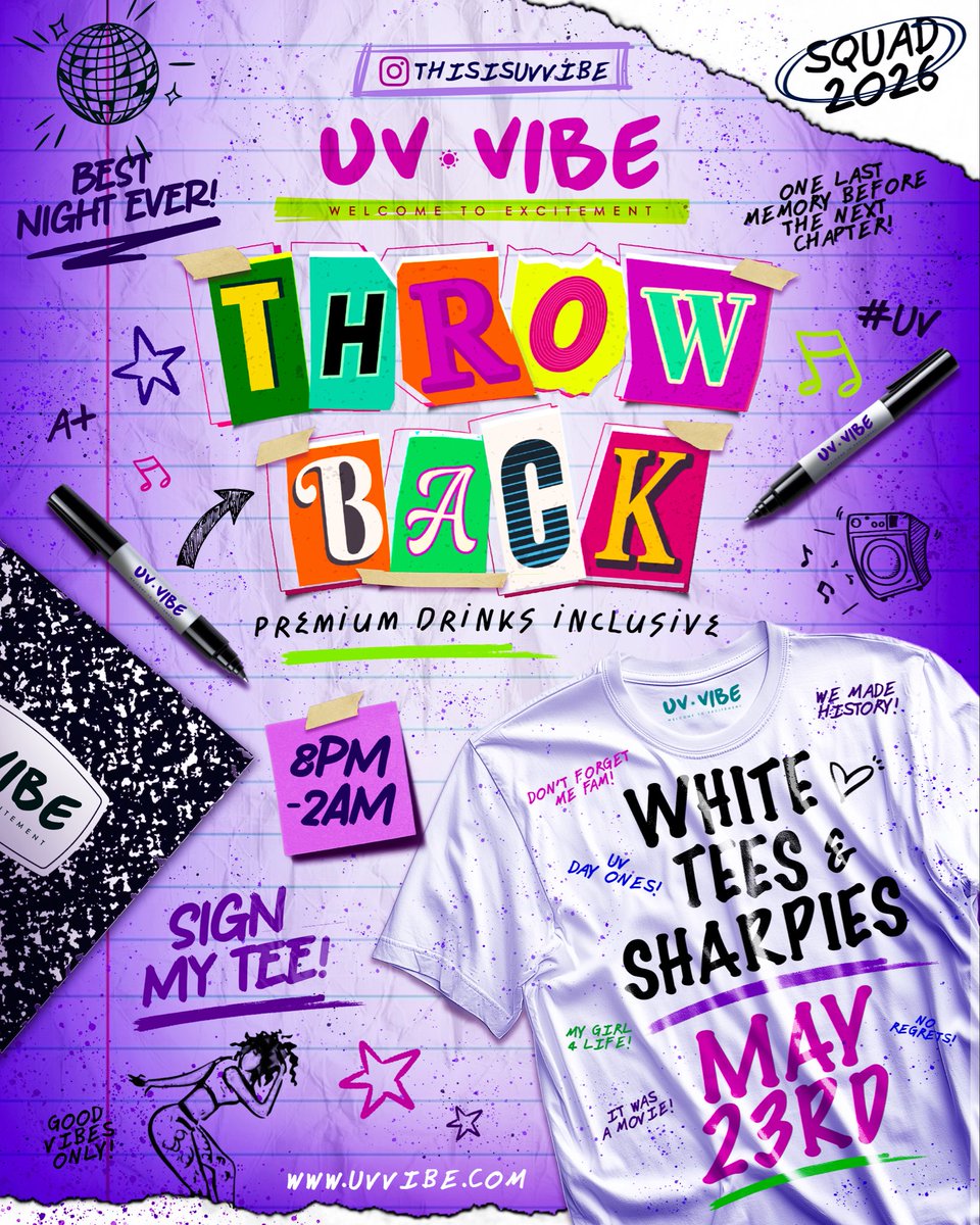 uvvibe's tweet image. Picture this  - good music, premium drinks, and your whole squad signing each other’s tees like it’s the last day of school 🖊️✨ because honestly… it kinda is. Back To School UV VIBE Throwback, May 23rd. 8PM–2AM. Relive another memory before the next chapter 💜 #UV #Barbados