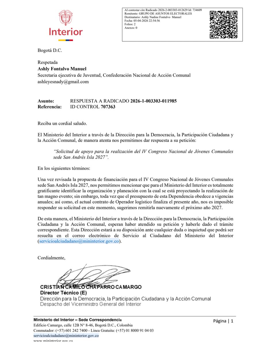 AshleyFontalvoM's tweet image. El 8 de julio 2022 le hice la propuesta al entonces gober de la época y nunca recibí respuesta, el mes pasado le escribi al @MinInterior y la respuesta es que hay viabilidad para realizar el IV Congreso Nacional de #Juventud #Comunal en #SanAndres si todo sale bien, insistiré.