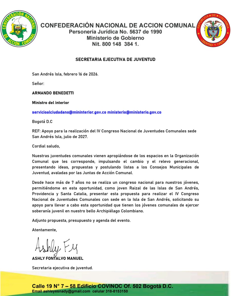 AshleyFontalvoM's tweet image. El 8 de julio 2022 le hice la propuesta al entonces gober de la época y nunca recibí respuesta, el mes pasado le escribi al @MinInterior y la respuesta es que hay viabilidad para realizar el IV Congreso Nacional de #Juventud #Comunal en #SanAndres si todo sale bien, insistiré.