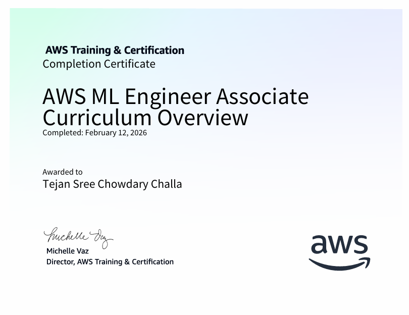Tejan_Ch's tweet photo. Completed AWS ML Engineer Associate Curriculum Overview.

Gained clarity on the ML engineer role, workflows, and AWS-based ML pipelines.

Moving closer toward hands-on implementation. https://t.co/Sobuallsj5